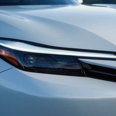 2027 Honda Prelude in Winter Frost Pearl headlight detail (exhilarating hybrid coupe).